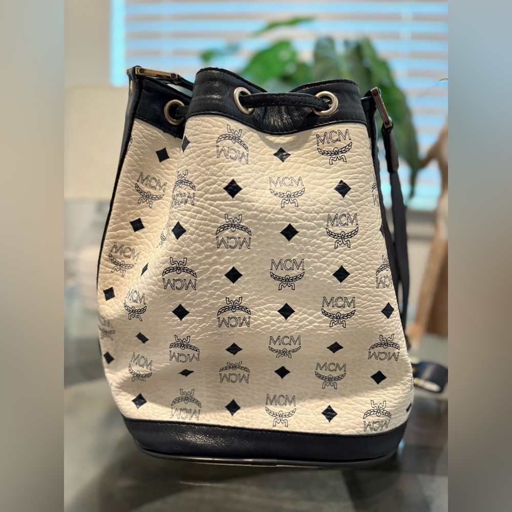 MCM White and Black Visetos Drawstring Crossbody Bucket Bag - Picture 11 of 15